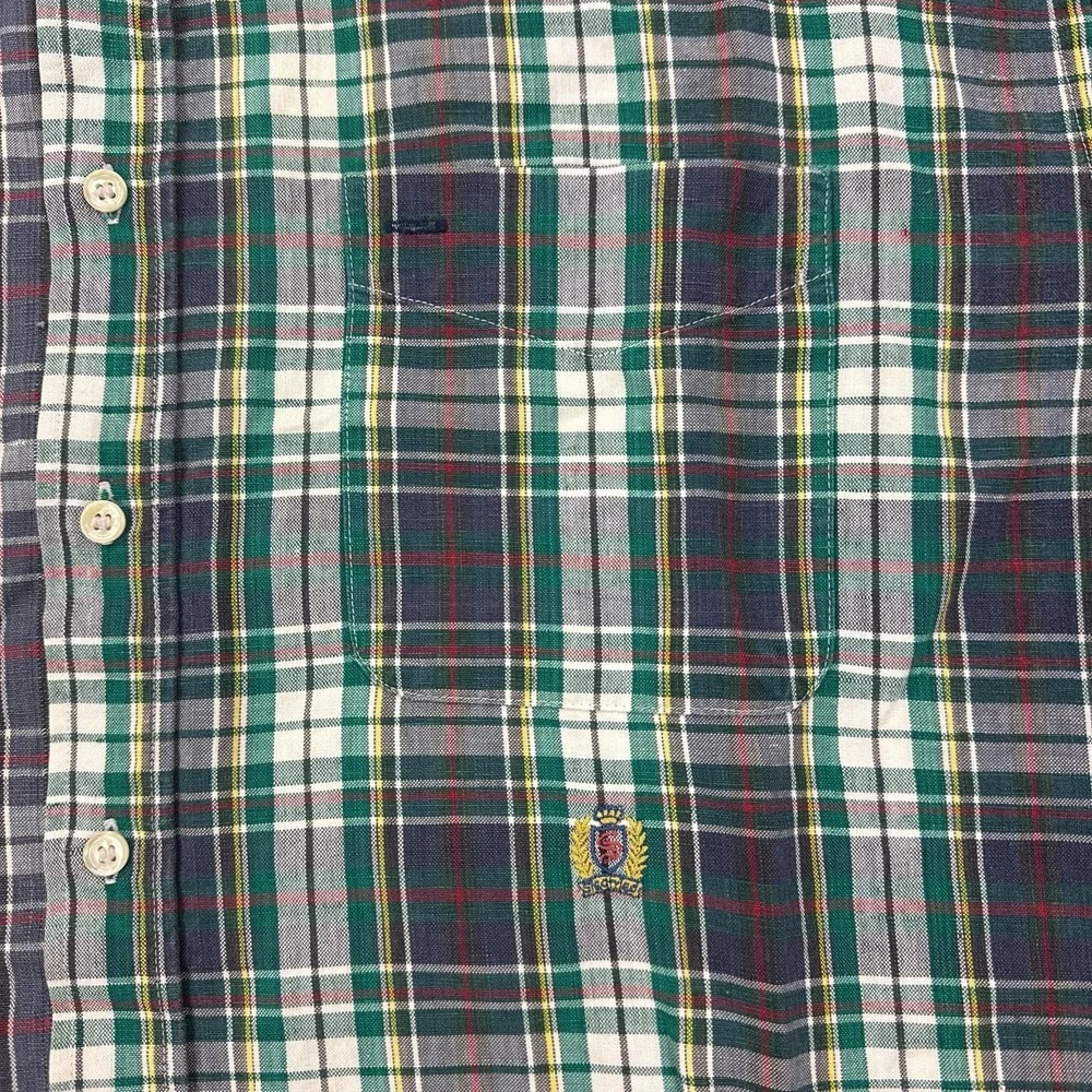 Vintage Siegfried Shirt Mens XL Multicolor Plaid Linen Short Sleeve Button Front